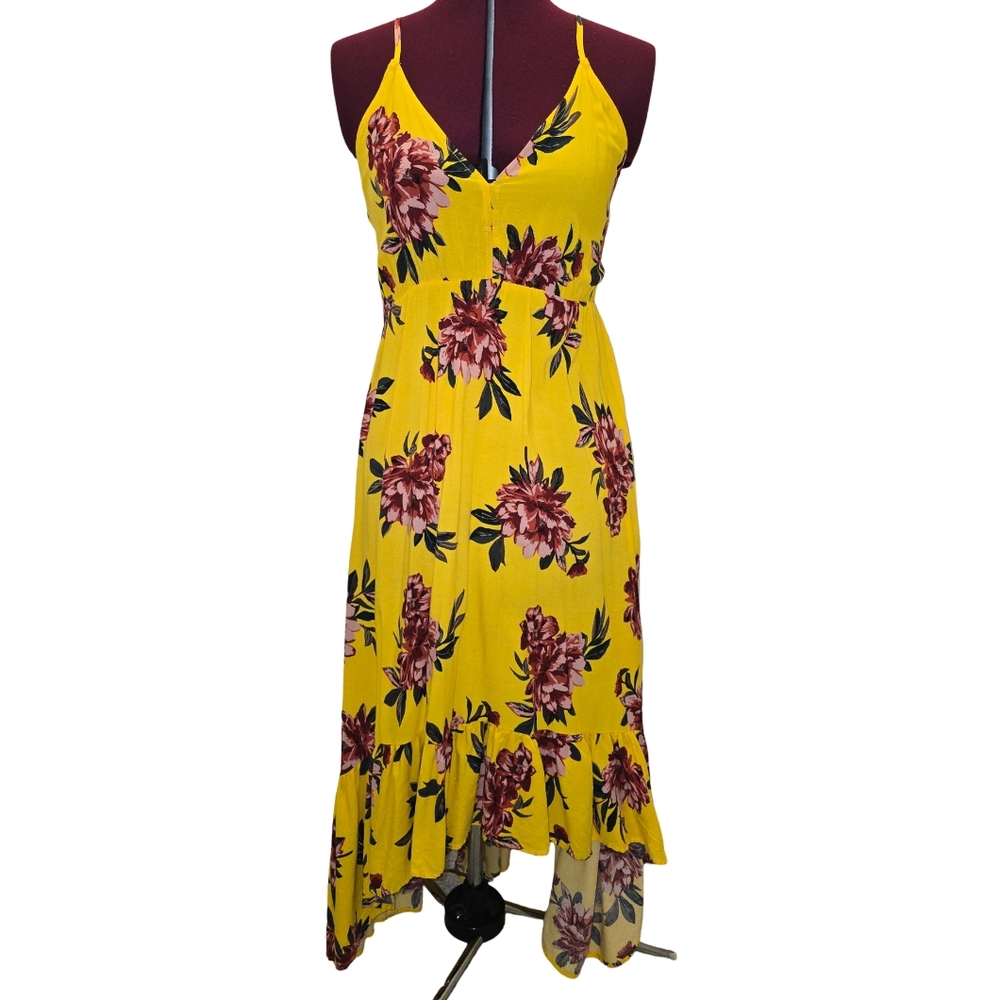 Pacific Vibes Floral Yellow Pink Hi-Lo Maxi Dress Size L Boho Feminine Beachy